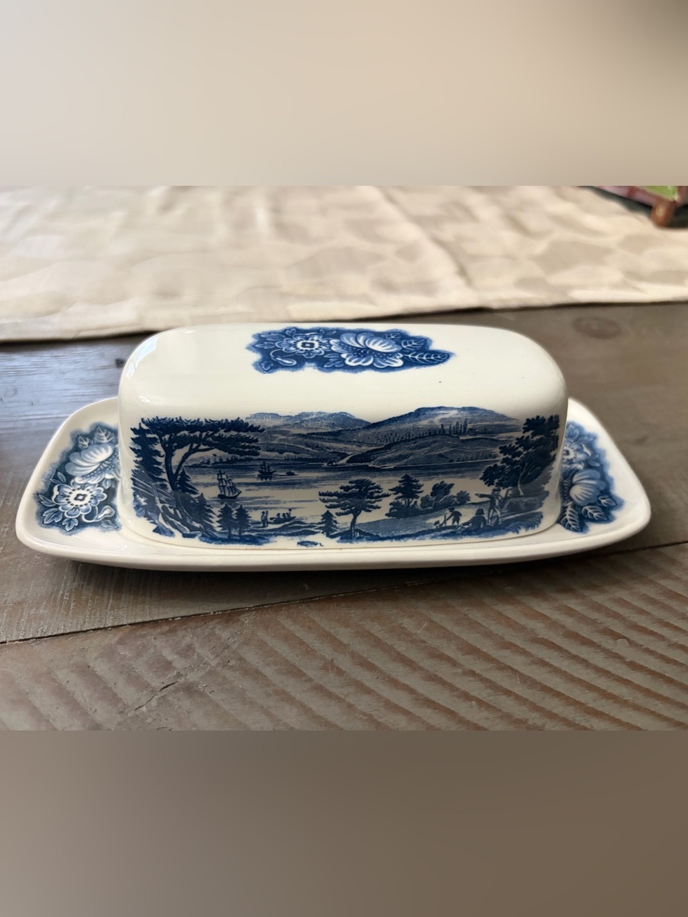Stafford Blue and White Scenic Ceramic Butter Dish
